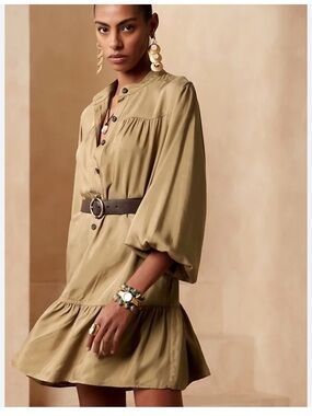 Banana Republic Belted Shirt Dress | Tan Khaki Mini | XS (Fits S)